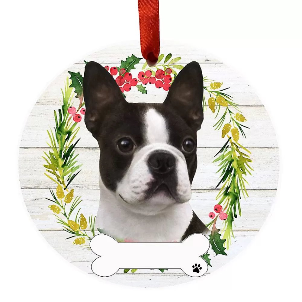 Ornaments<E&S Pets Personalized Boston Terrier Ceramic Holiday Ornament